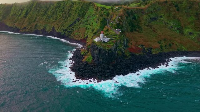 Aerial view of Arnel Lighthouse on Sao Miguel Island, Azores