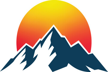 This vibrant design features a stylized mountain silhouette beneath a radiant sunset. The gradient of warm colors in the sun contrasts beautifully with the cool tones of the mountains, evoking a sense
