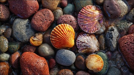 Seashells and stones on a rocky beach near the shore during daylight with waves gently touching the sand
