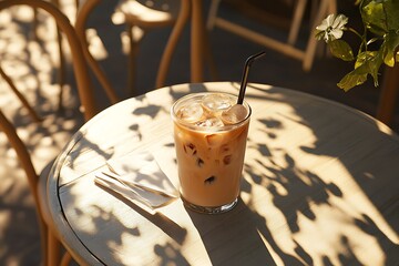 Sitting outdoors, enjoying iced coffee under warm sunlight, where playful shadows dance over the table, creating a perfect ambiance for relaxation.