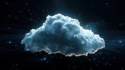 光り輝くクラウドのデジタル表現。ITやクラウドコンピューティングのイメージ素材。