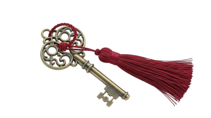 Ornate antique key with red tassel on black background