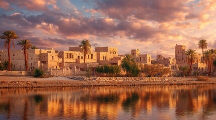 Fototapeta premium Ancient desert city or historical oasis village next to water with palm trees and sunset sky. Travel and tourism concept.