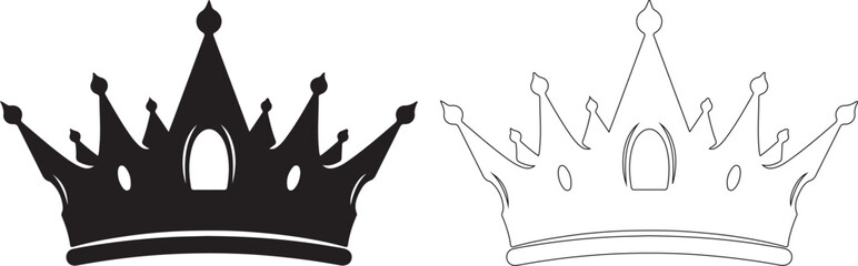 Black Crown Vector Icon and Outline Graphic Set for Design isolated PNG with Transparent Background