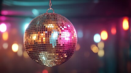 Obraz premium Shiny disco ball reflecting vibrant lights in a club setting, symbolizing celebration and nightlife. New Year party decoration.