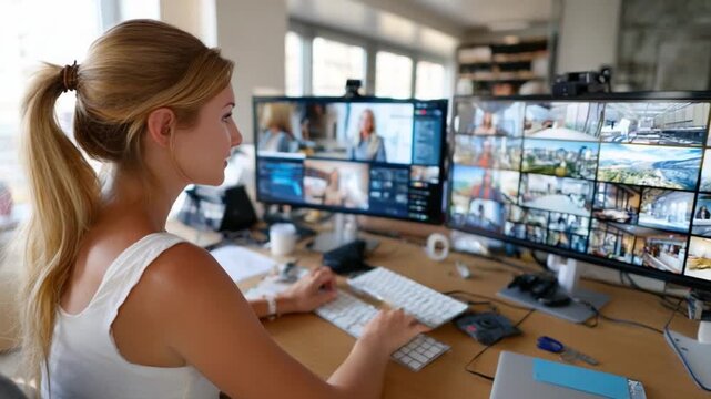 Web Conference Connection: A woman skillfully navigates a virtual meeting, her focus sharp as she engages with colleagues and information on multiple screens, perfectly capturing remote work.