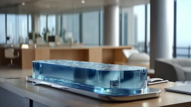 Aqua Cube in Office: An artistic water sculpture, shaped like a rectangular prism, sits on a modern office desk.