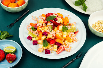 seafood salad and exotic fruits.