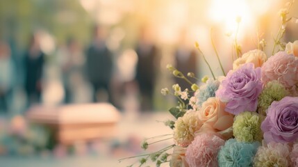 Floral arrangement with soft pastel flowers and blurred casket. Funeral service concept for remembrance and sympathy.