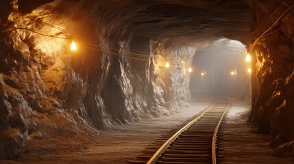 Naklejka premium Illuminated mine tunnel with railway tracks extending into darkness. Rocky underground passage lit by hanging lamps. Atmospheric industrial mining exploration scene.