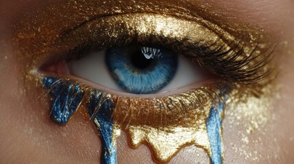 Close up of a womans blue eye with gold and blue glitter eyeshadow melting down. Beauty and makeup concept for art and fashion.