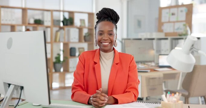 About us, face and laughing with black woman in media agency for magazine development or publication. Funny, journalism and production with happy African editor in office for news or reporting