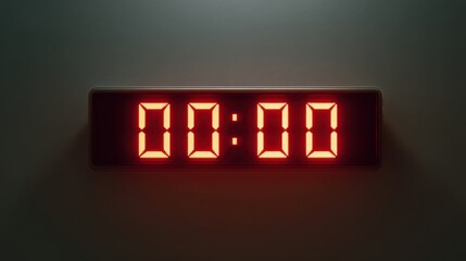 Red digital clock showing 00:00 midnight or start time. Zero hour on electronic timer display. Concept of new year, beginning, deadline, time.