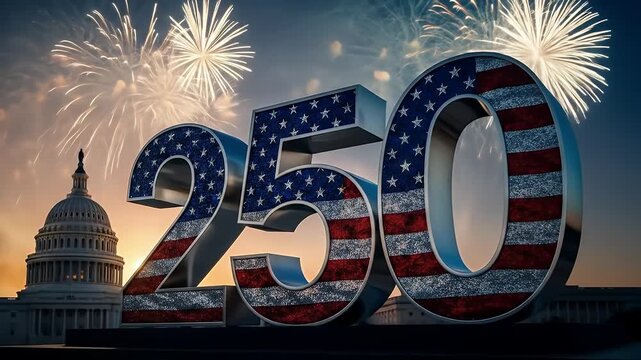 Monumental three dimensional number two hundred fifty decorated with american flag pattern celebrates bicentennial anniversary near capitol building with fireworks display