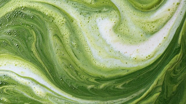 Abstract green and white liquid pattern with swirling foam. Vibrant matcha tea or spirulina drink macro texture. Natural vibrant background design.