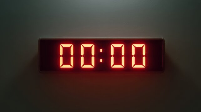Red digital clock showing 00:00 midnight or start time. Zero hour on electronic timer display. Concept of new year, beginning, deadline, time. - Powered by Adobe