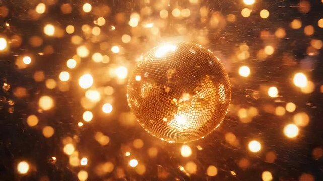 Golden disco ball reflecting sparkling party lights