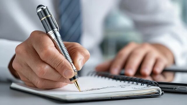 Business Pen and Paper: A close-up view captures the focused action of a hand holding a sleek pen, diligently writing in a spiral notebook, a testament to thoughtful planning.