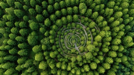 Aerial top view of a spiral garden maze surrounded by a lush green forest, showing a unique natural landscape for environmental and nature concepts.