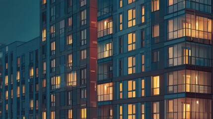 Obraz premium Modern apartment building with illuminated windows at dusk. Urban architecture reflecting city life and residential comfort in a new development.