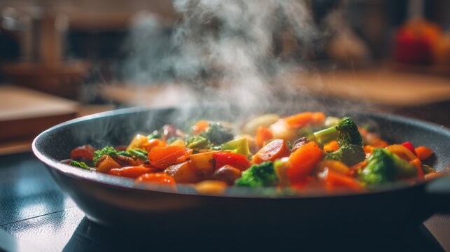 Steaming mixed vegetables cooking in a hot pan. Healthy eating concept for diet food and vegetarian meal preparation. Fresh colorful produce for culinary background. - Powered by Adobe