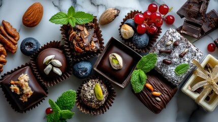 Handcrafted chocolate bonbons are arranged in a geometric pattern on a marble surface, creating a visually striking abstract design with intricate textures and subtle marble undertones. 