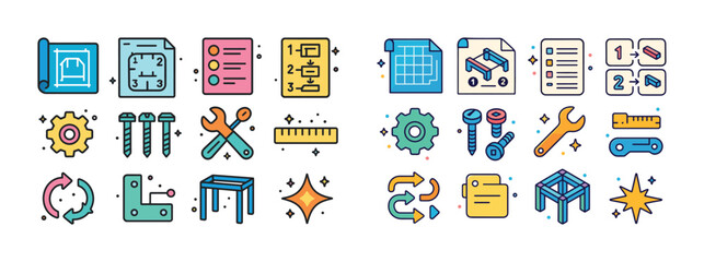 Fototapeta premium Colorful engineering and construction icons with tools and diagr