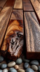 Warm, natural light highlights the smooth walnut planks arranged in parallel lines on a wooden surface, creating a visually appealing design.