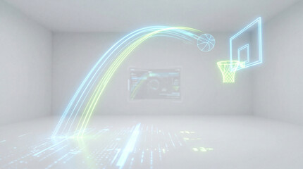Neon basketball arc leading to a glowing hoop in a virtual white room with a data interface on the wall. Digital sport concept.