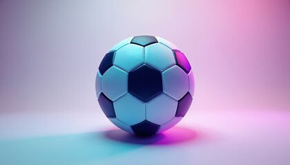 A classic soccer ball, black and white, casting shadows on a colorful background with blue and pink light. Sports equipment for championship or game event.