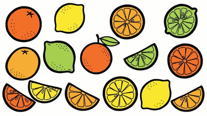 Collection of Fresh Citrus Fruits and Slices.