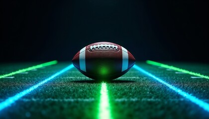 Football on field with glowing neon lines. American sport concept. Modern gridiron game with futuristic light.
