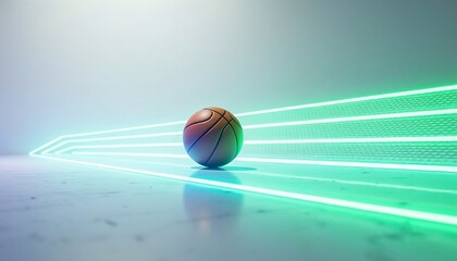 Basketball on abstract court with green neon lines. Dynamic futuristic sport background for event promotion and digital advertisement.