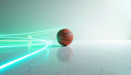 Basketball on court with glowing neon line. Modern sport concept. Dynamic imagery for athletic advertising and game promotion.