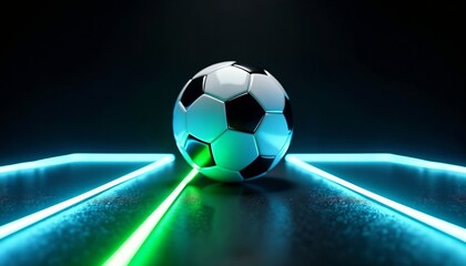 Football soccer ball with glowing neon light on dark background. Creative sport concept for game, match, championship, or tournament.