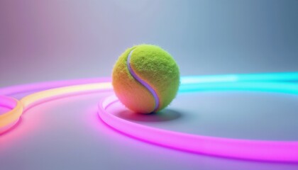 Tennis ball on pastel colored neon light glowing lines. Sport and recreation concept with modern vivid aesthetic.