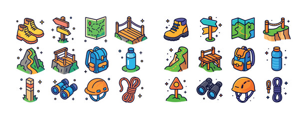 Fototapeta premium Colorful outdoor adventure icons: boots, maps, backpacks, and sa