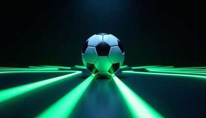 Soccer ball on abstract floor with green glowing lines. Sport competition concept. Dynamic digital visualization for football event.