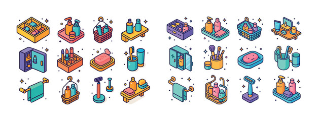 Obraz premium Colorful isometric beauty and hygiene products arrangement in ba