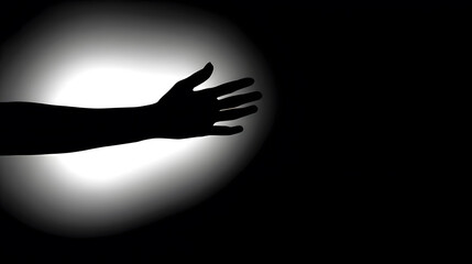 Obraz premium forearm. Silhouetted forearm reaching toward a light source against a dark gradient background. wellbeing guides, coaching materials, designed for mental health education and mindfulness programs.