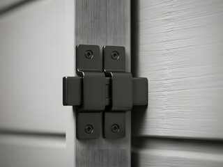 Modern black hinge mechanism close-up on textured gray wall | Sleek industrial door hardware and latch design detail | High-quality metal mounting bracket and wood texture background