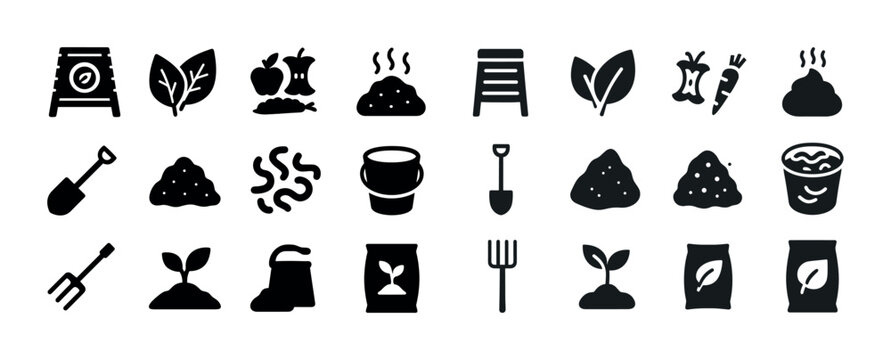 Collection of compost and gardening icons featuring tools, plant
