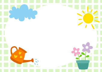 cute frame background with watering can  flowers  clouds and sun