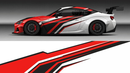 Racing red and white sports car with bold graphic stripes.