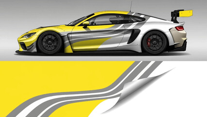 Sleek yellow and white race car with bold graphics on a gray studio backdrop. © Lailatul