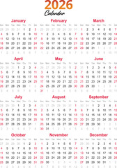 2026 Calendar with Red and Orange Highlights year January