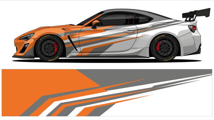 Naklejka premium Stylized orange and white race car with graphic livery and dynamic stripes.