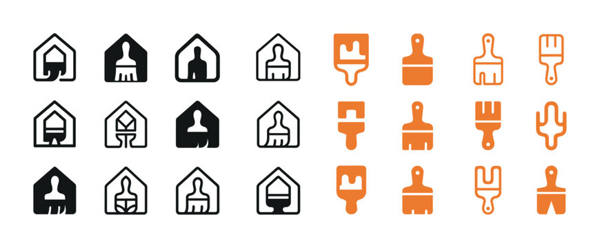 Variety of paintbrush icons in black and orange house shapes
