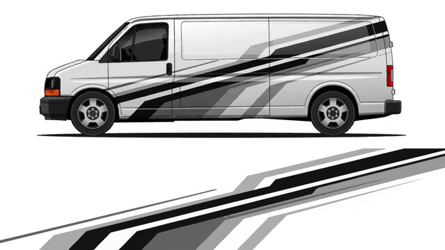 Sleek white cargo van with bold black and gray racing stripes design.