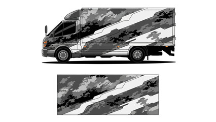 Grey camo wrapped van used for urban transportation and logistics on the road.